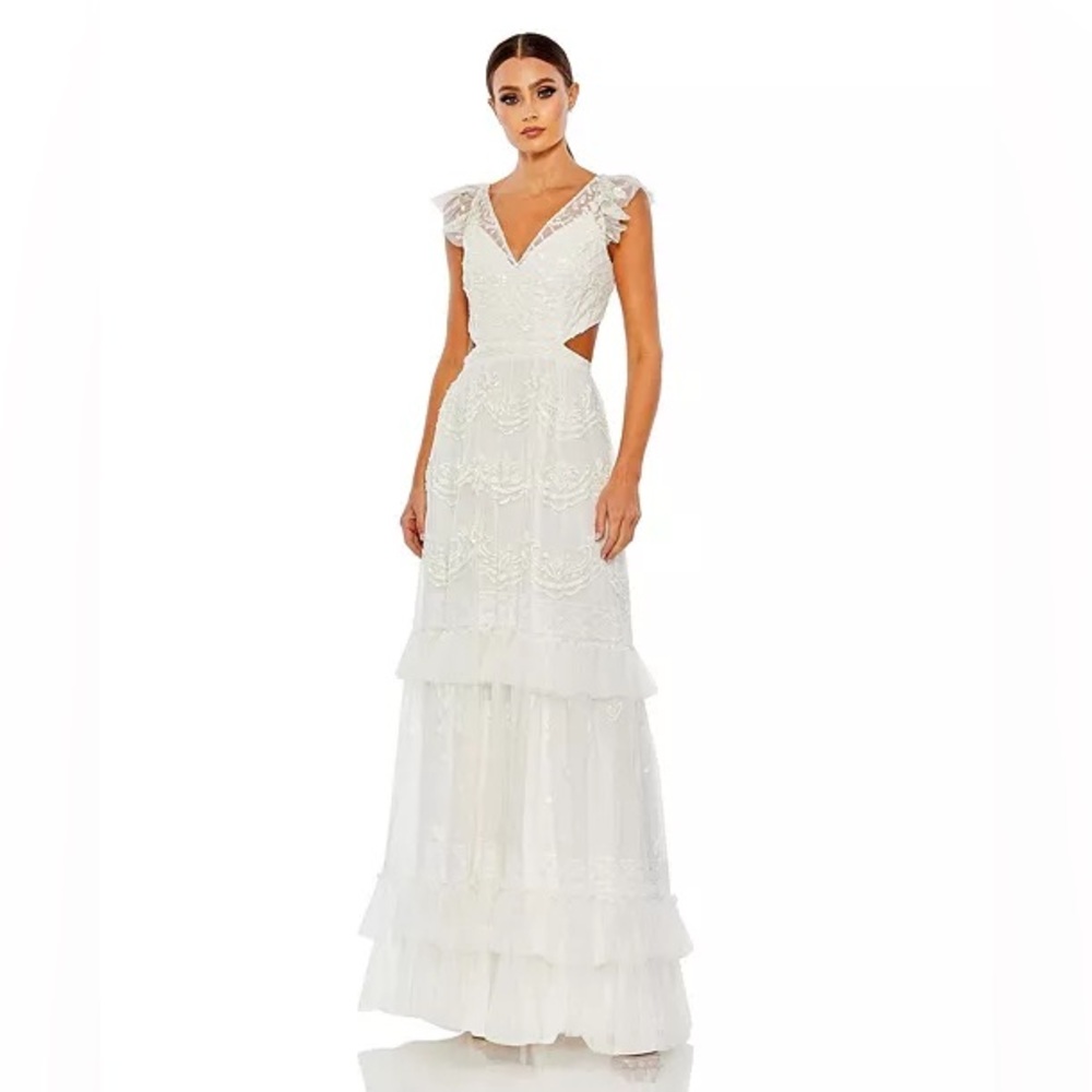 Women's Sequined Ruffled Cap Sleeve Cut Out Tiered Gown SZ 16
